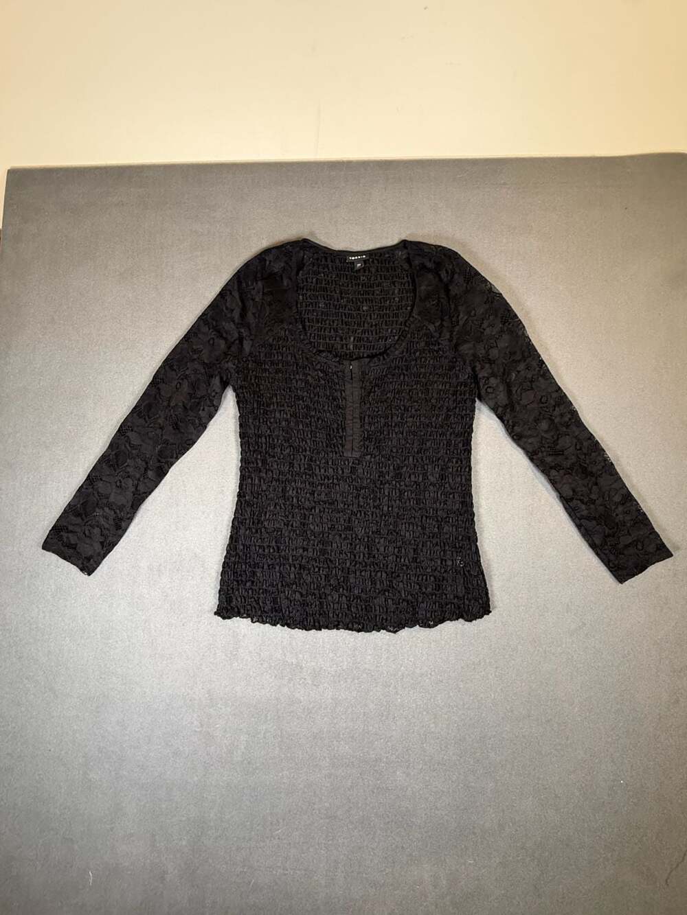 Torrid Black Lace Smocked Long Sleeve Top Size 00 M/L Gothic Romantic Sheer